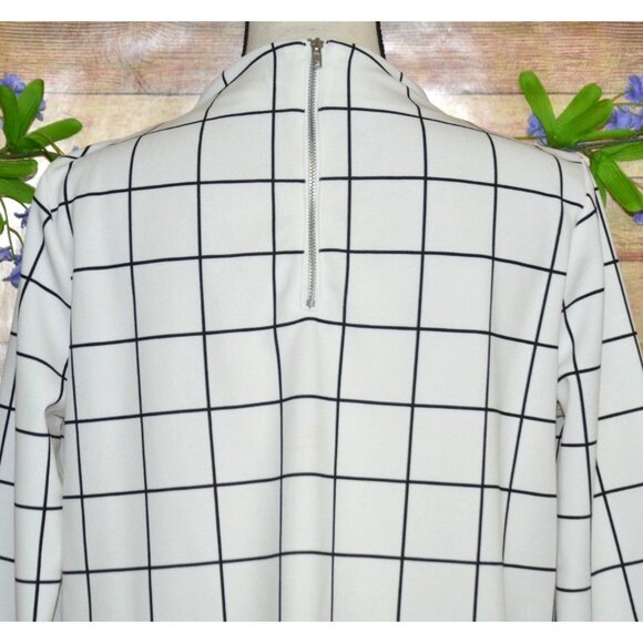 Melloday White 3/4 Sleeve High Neckline Blouse M Grid Window Pane Pattern Career - Picture 6 of 10